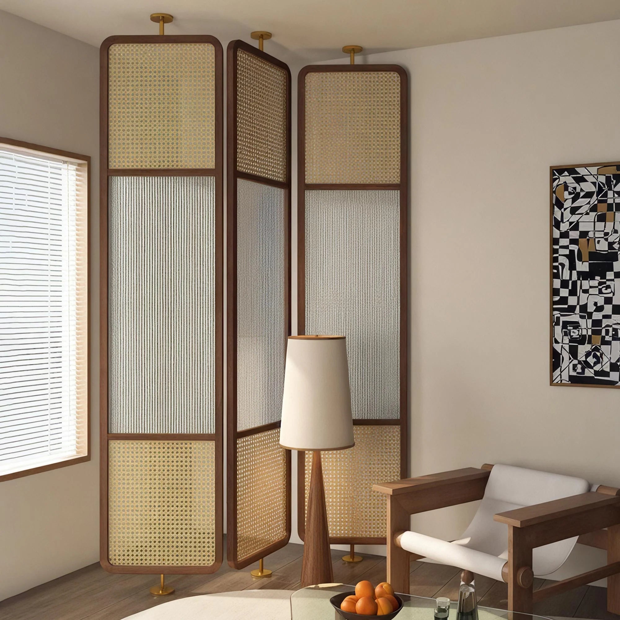Mesh Fluted Glass Cane Privacy Screen | One Piece Partition