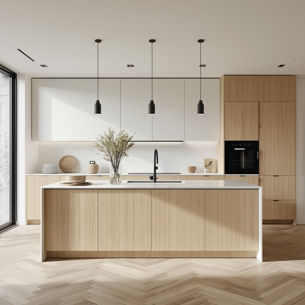 Minimalist Wood-Veneer Kitchen & Island