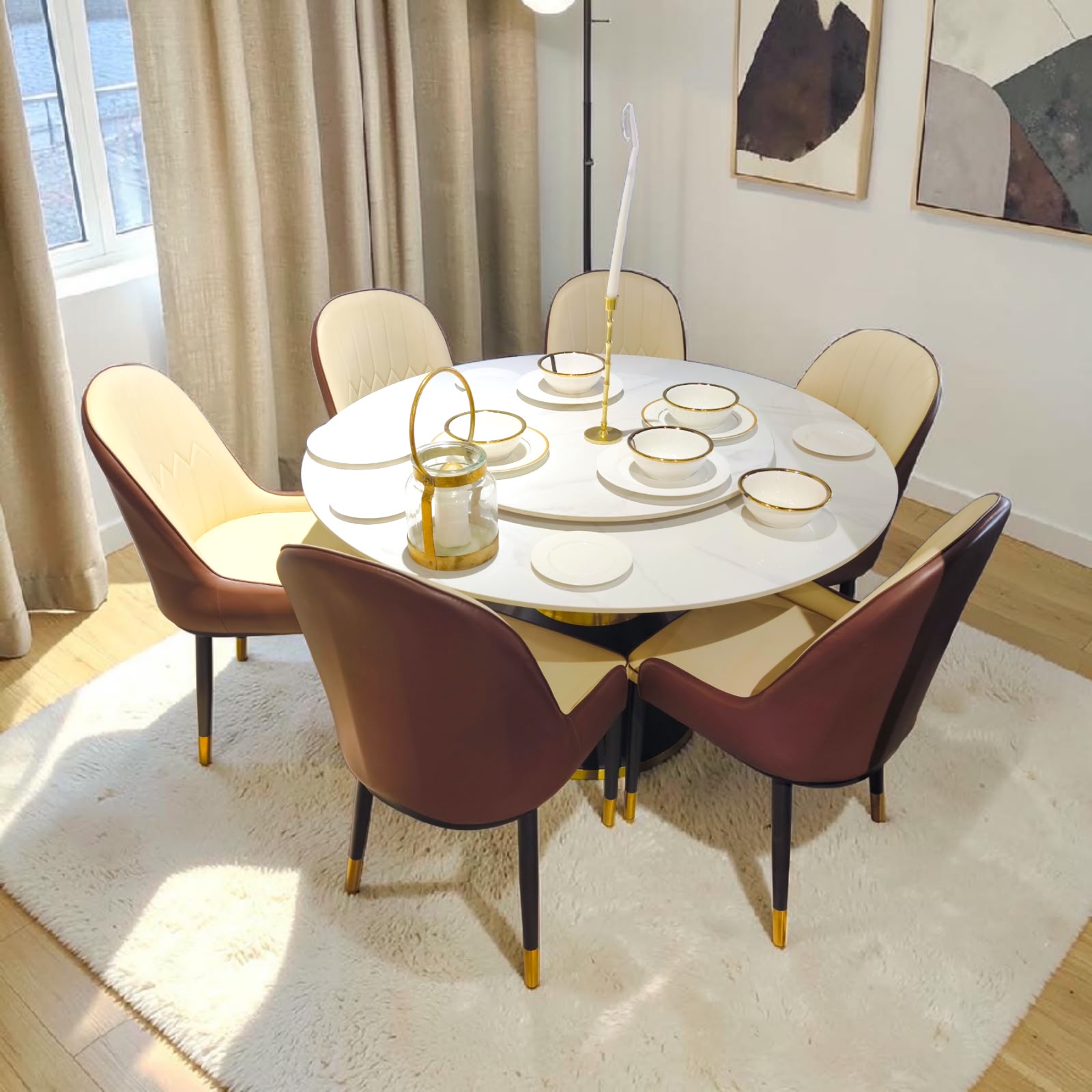 Elegant Round Dining Set – Marble & Gold Harmony with 6 Chairs