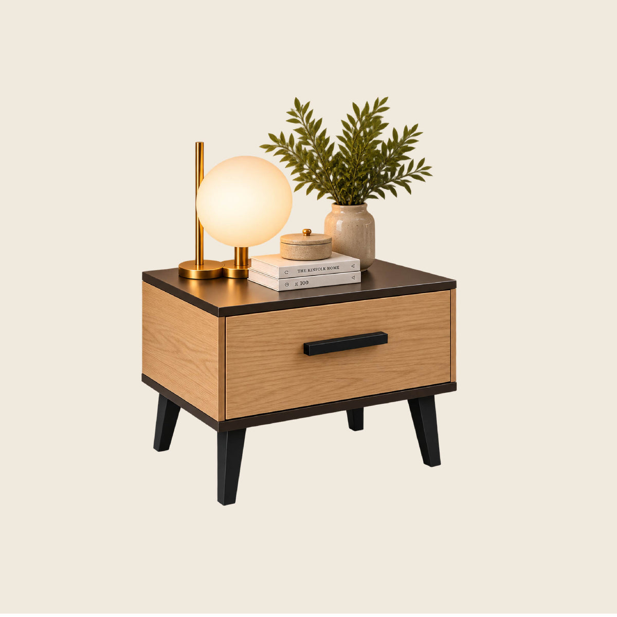 Modern Oak & Black Nightstand with 1 Drawer
