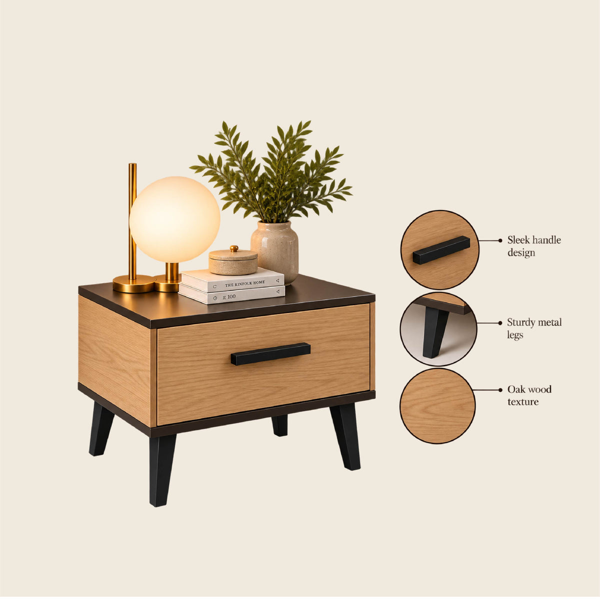 Modern Oak & Black Nightstand with 1 Drawer