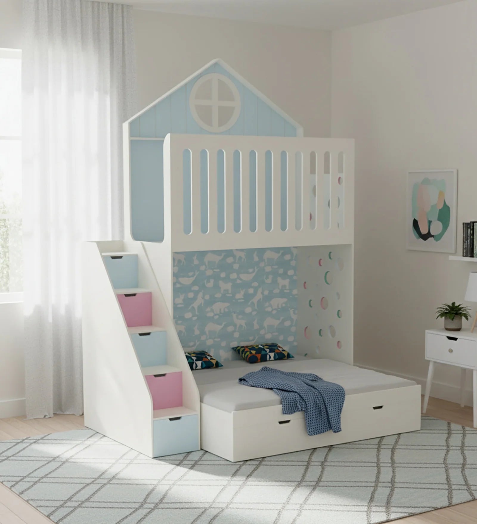 Alora White Wooden Bunk Bed with Storage