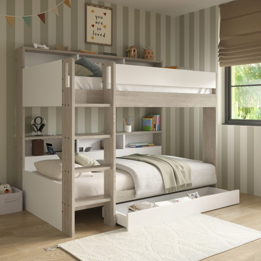 Arden White Oak Bunk Bed with Trundle