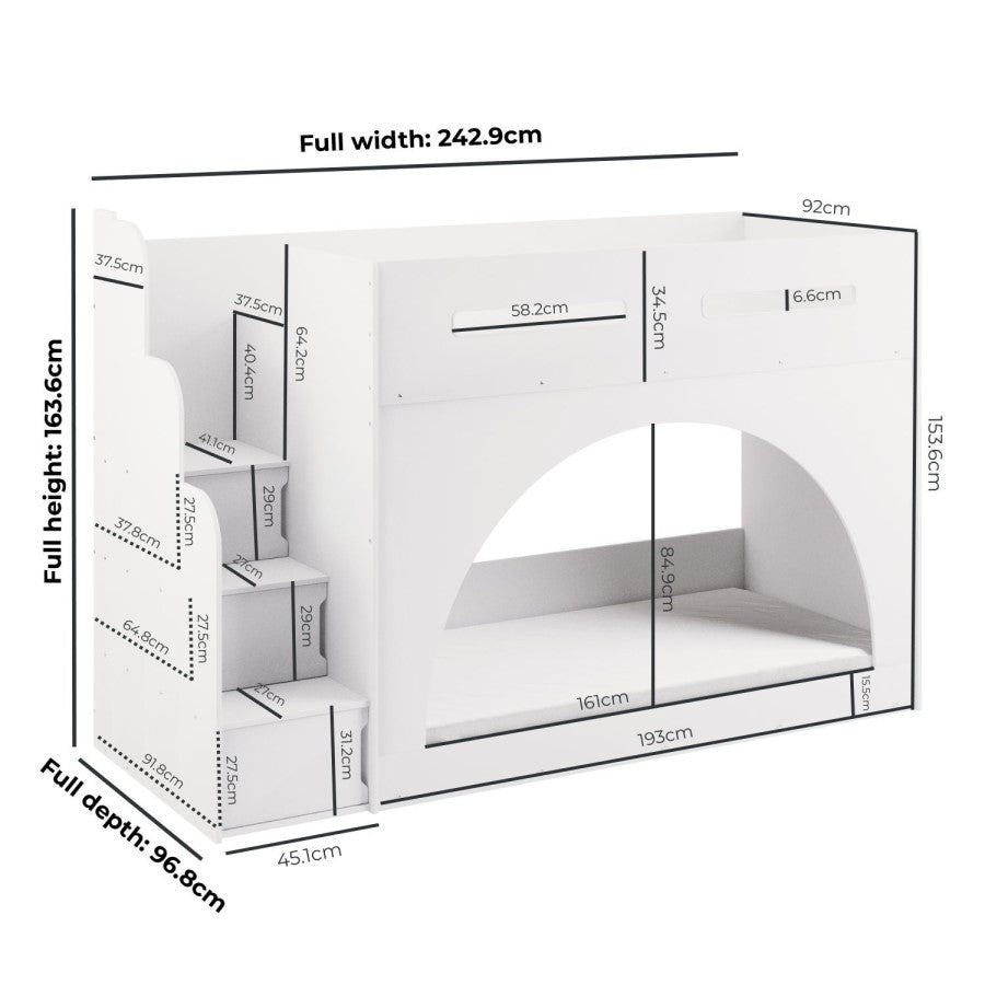 Aria White Wooden Bunk Bed with Storage Stairs