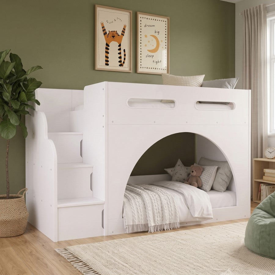 Aria White Wooden Bunk Bed with Storage Stairs