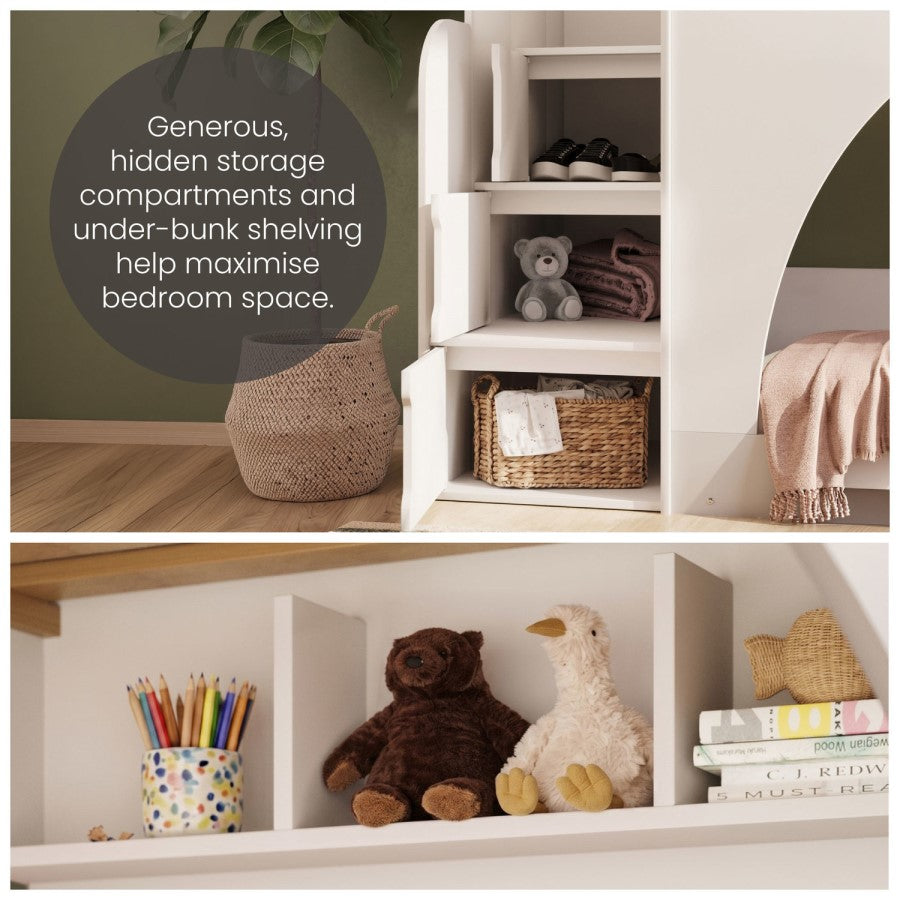 Aria White Wooden Bunk Bed with Storage Stairs