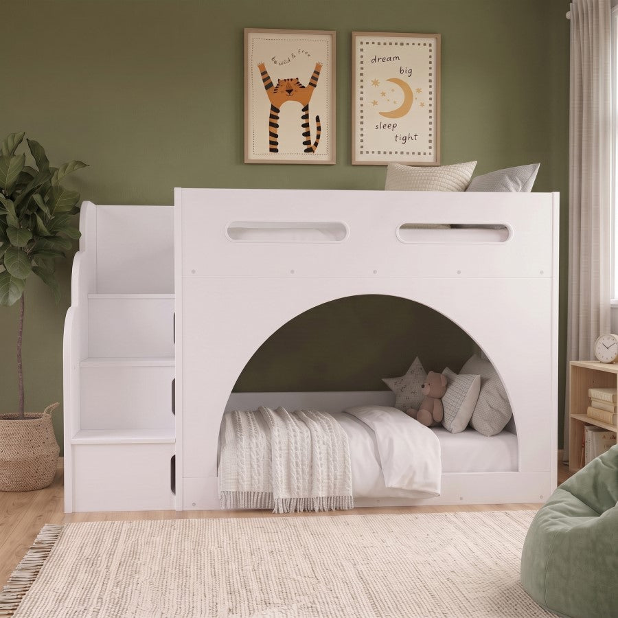 Aria White Wooden Bunk Bed with Storage Stairs