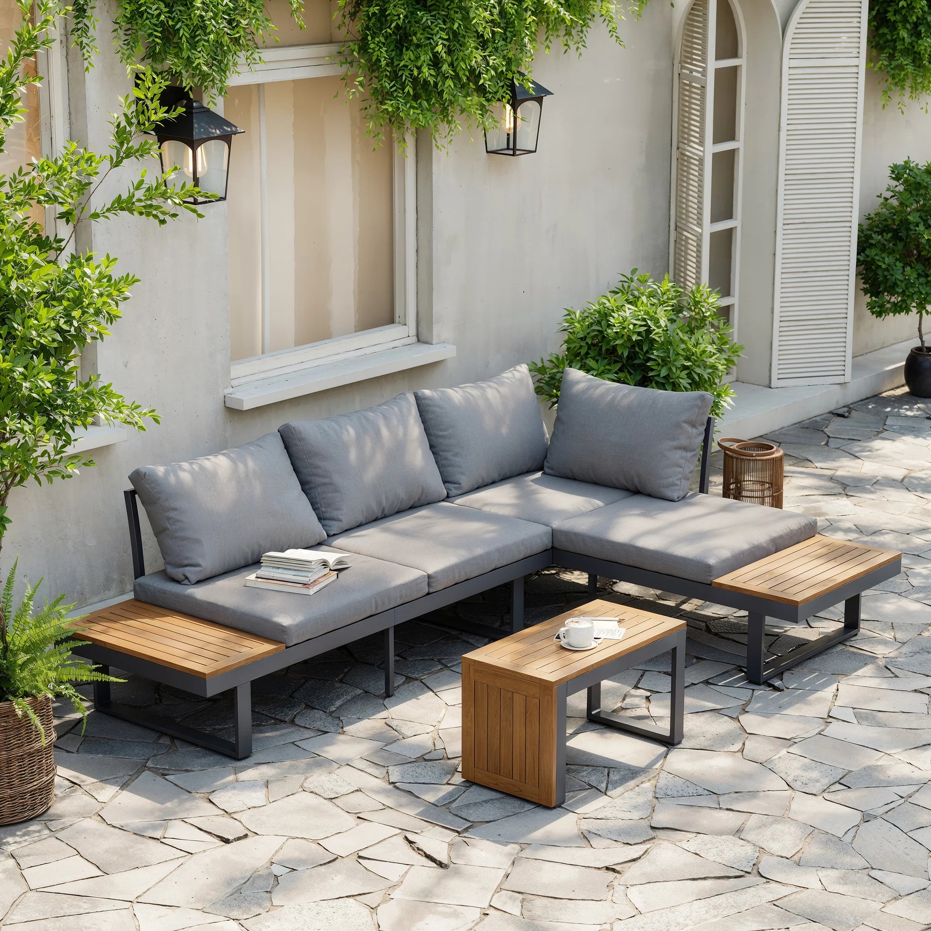 Gimly Outdoor Iroko wood & Steel Modular Sofa Set in Dark Gray