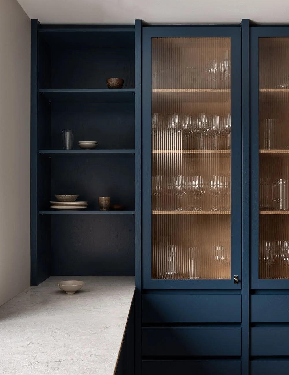 Blue & Natural Wood Contemporary Kitchen with Warm Tones & Blue Accents