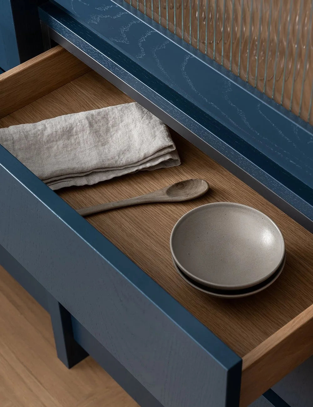 Blue & Natural Wood Contemporary Kitchen with Warm Tones & Blue Accents