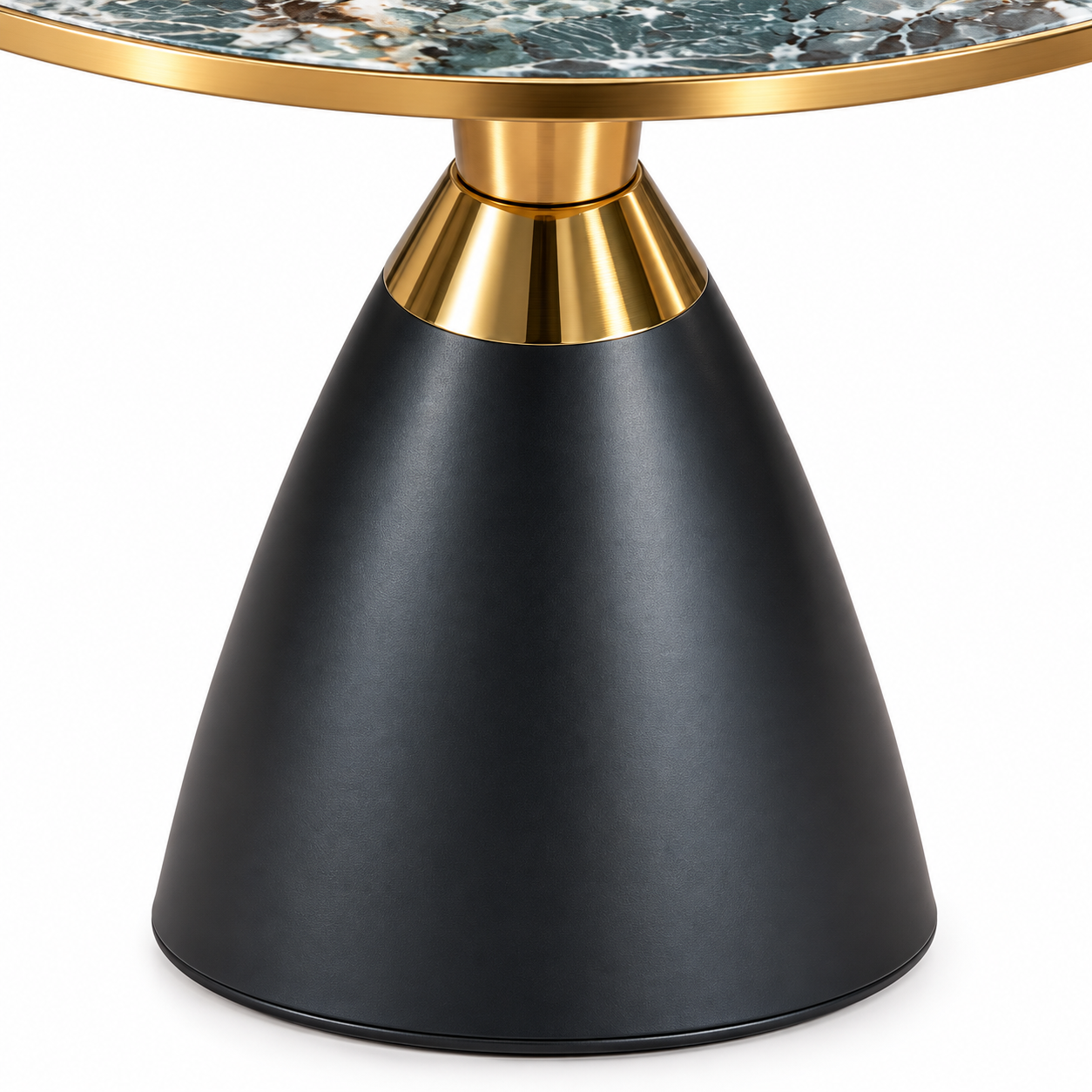 Luxe Verde Marble Side Table with Brass Collar & Matte Black Pedestal Base