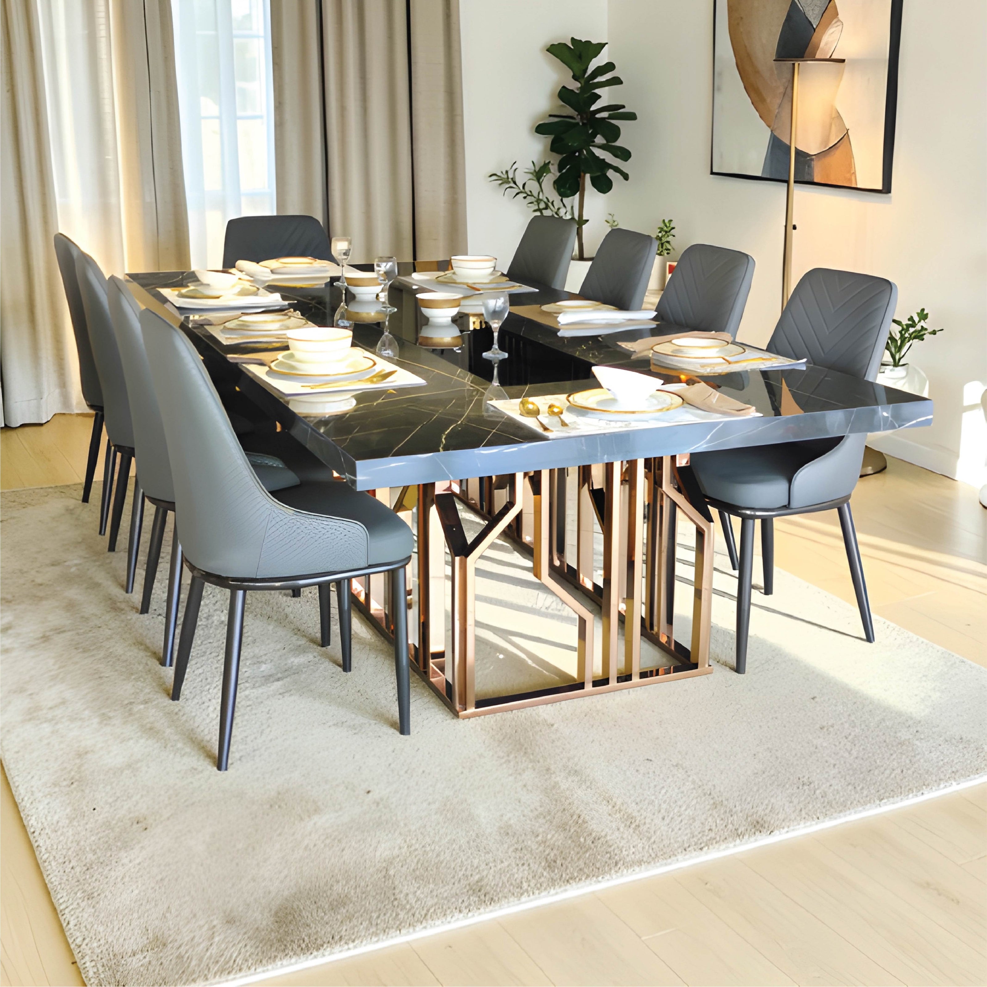 Luxury 10‑Seater Dining Table with Quilted Grey Chairs