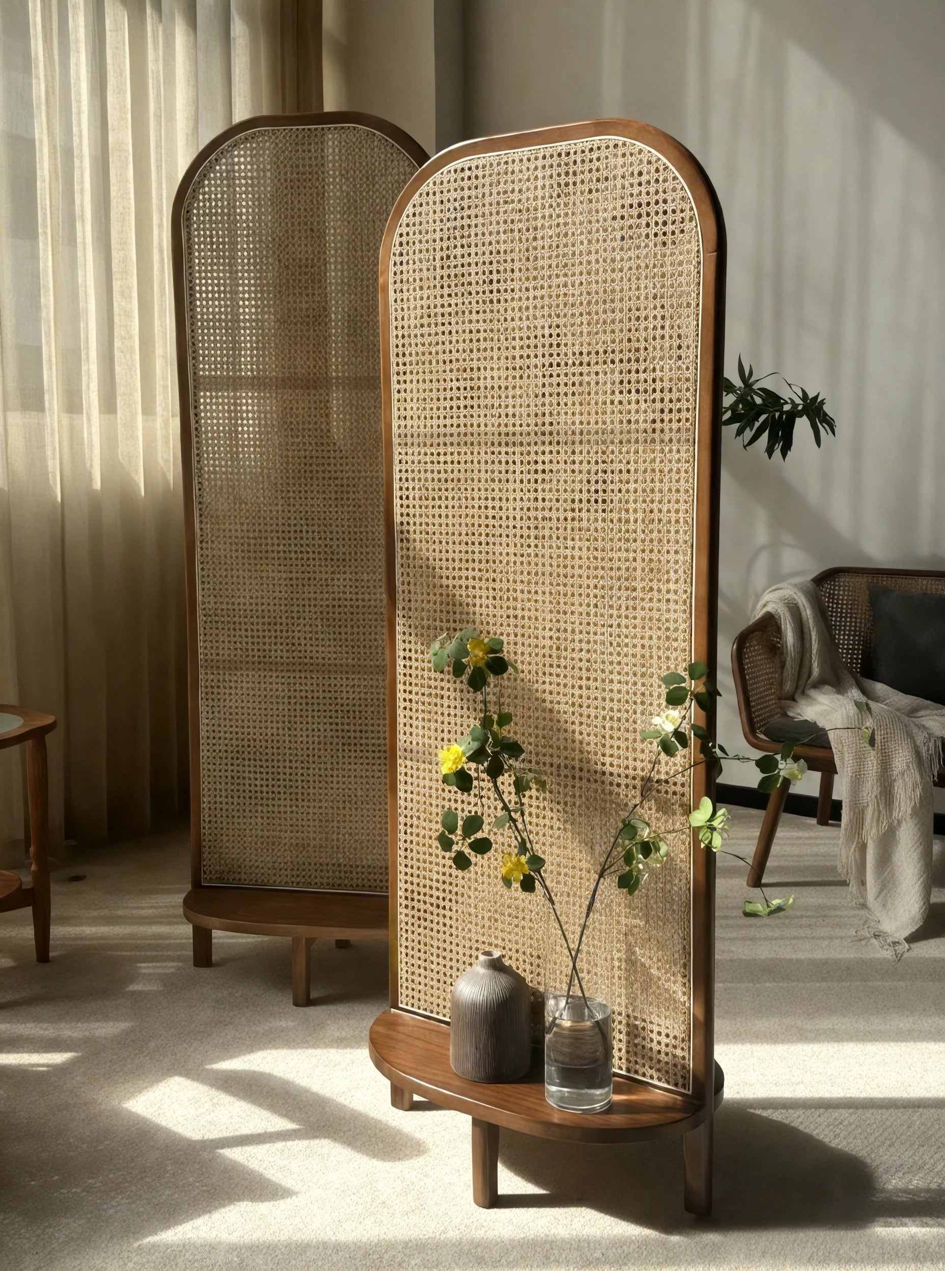 Rattaber Wood Cane Panel Privacy Screen | One Piece Partition
