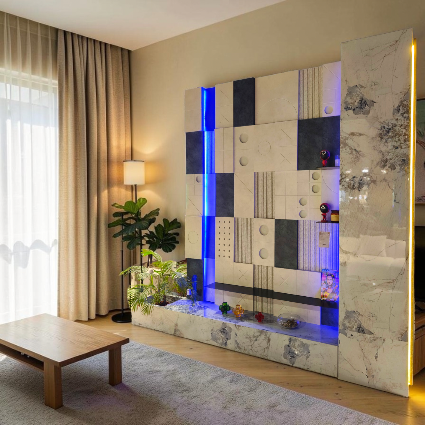 Contemporary Geometric Wall Cladding with Marble Base and LED Accent