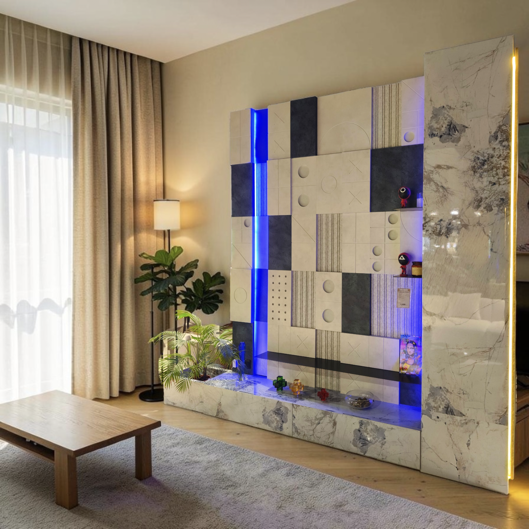 Contemporary Geometric Wall Cladding with Marble Base and LED Accent