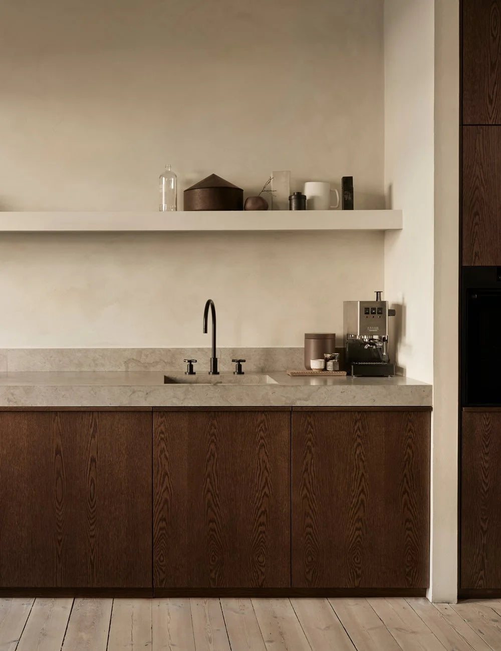Dark Oak & Limestone  Minimalist Kitchen with Natural Earthy Tones