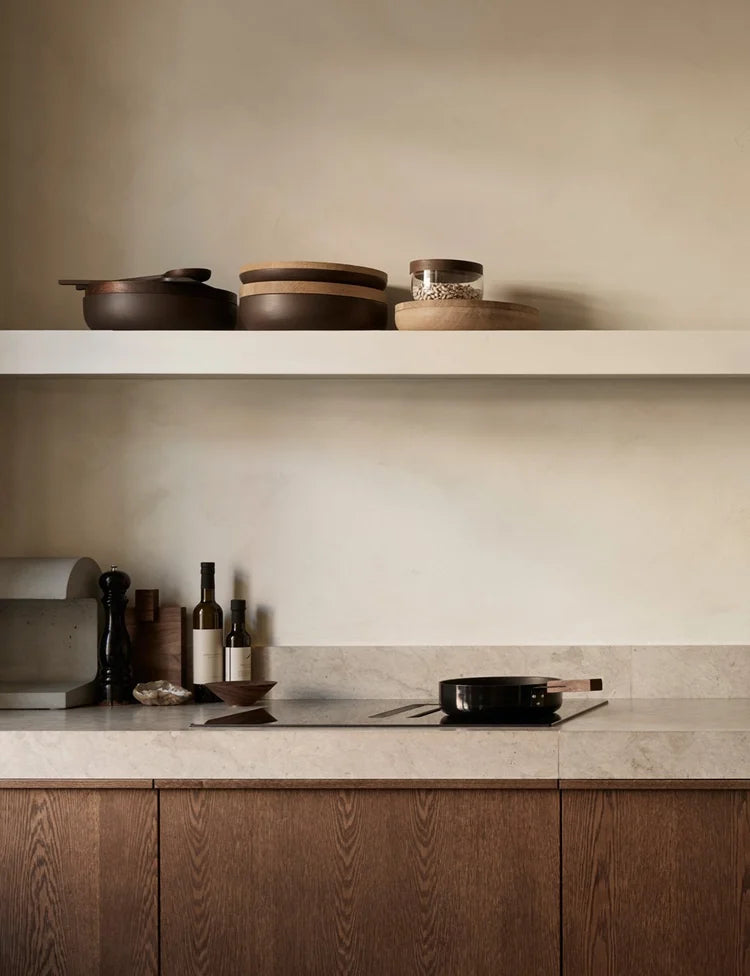 Dark Oak & Limestone  Minimalist Kitchen with Natural Earthy Tones