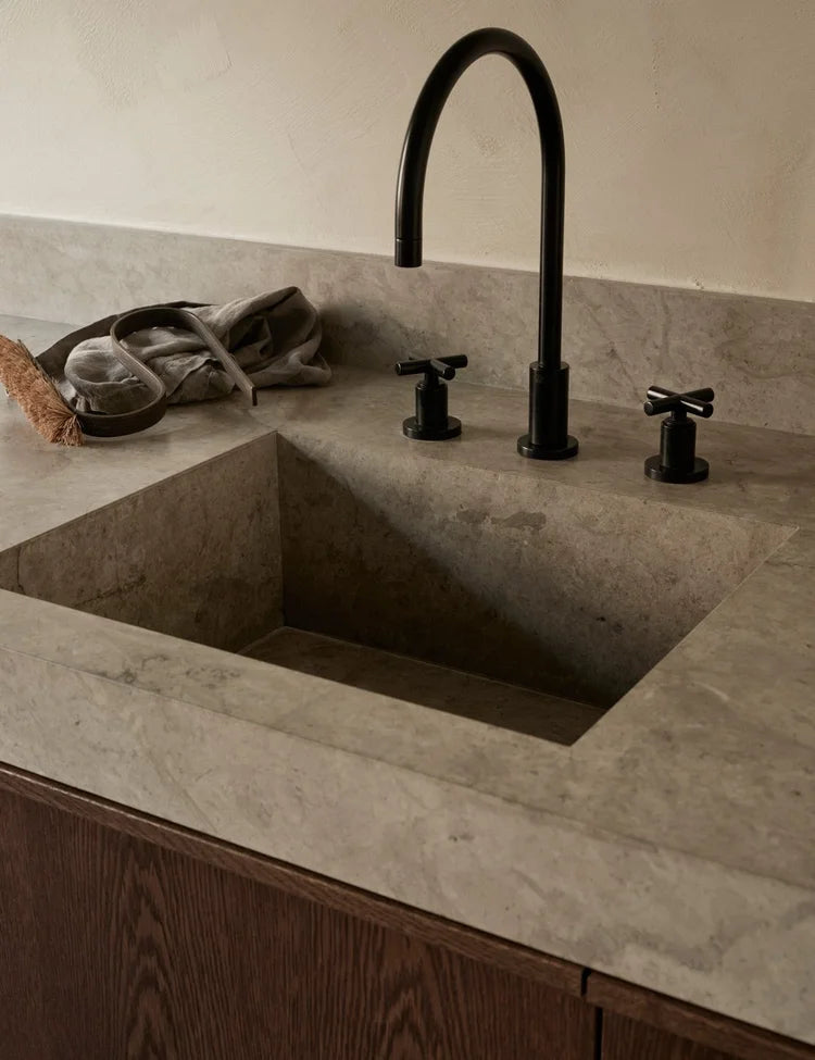 Dark Oak & Limestone  Minimalist Kitchen with Natural Earthy Tones