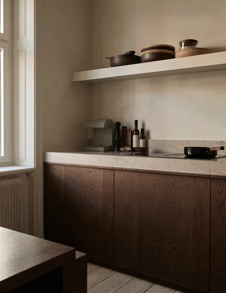 Dark Oak & Limestone  Minimalist Kitchen with Natural Earthy Tones