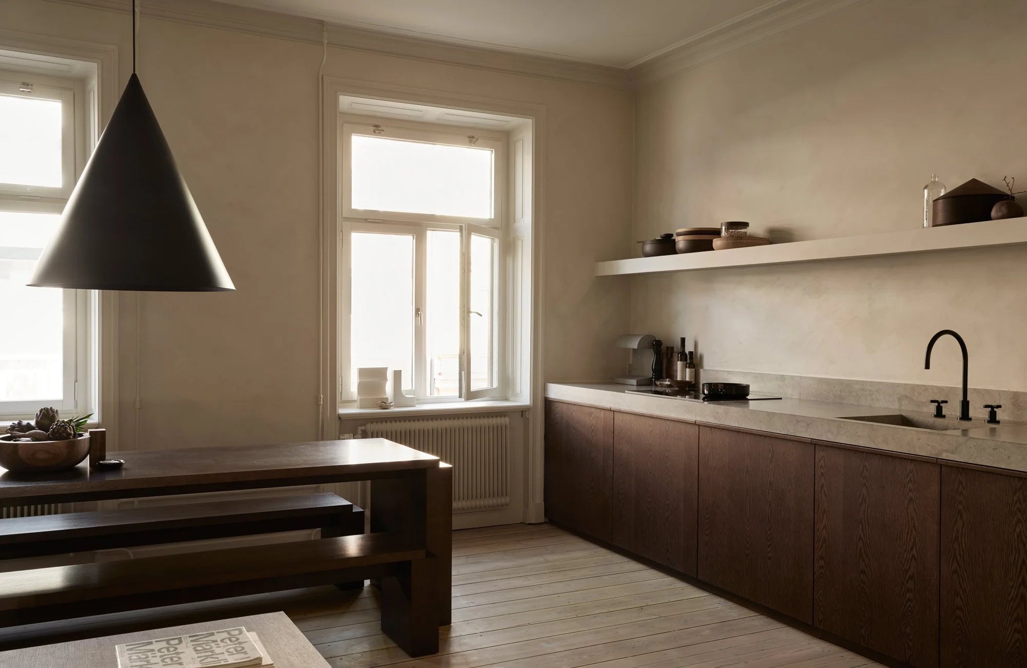 Dark Oak & Limestone  Minimalist Kitchen with Natural Earthy Tones