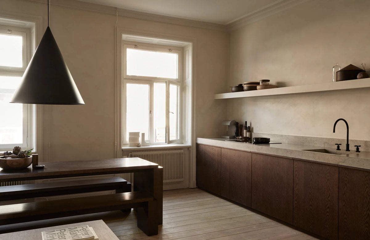Dark Oak & Limestone  Minimalist Kitchen with Natural Earthy Tones