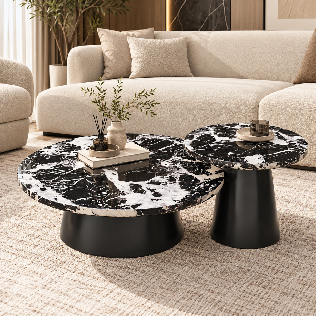 Black Marble Nesting Coffee Table Set (Set of 2)