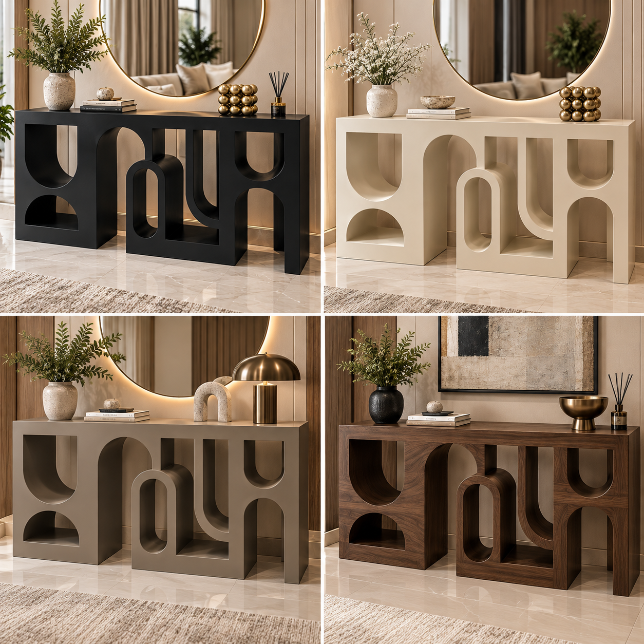 Sculptural Black Geometric Console Table with Arch Cutouts