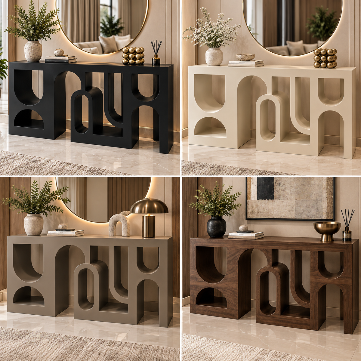 Sculptural Black Geometric Console Table with Arch Cutouts