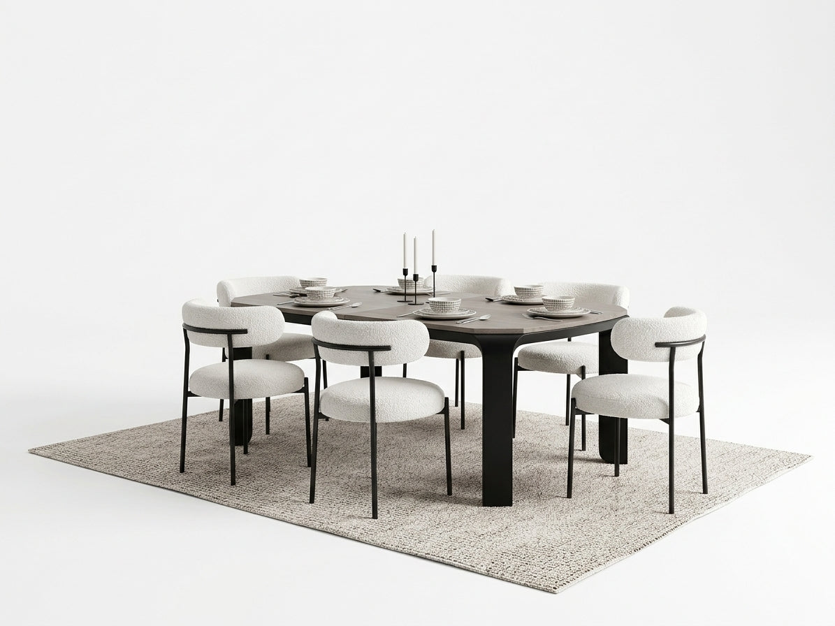 Modern 6-Seater Dining Set with White Bouclé Upholstered Chairs Showroom display