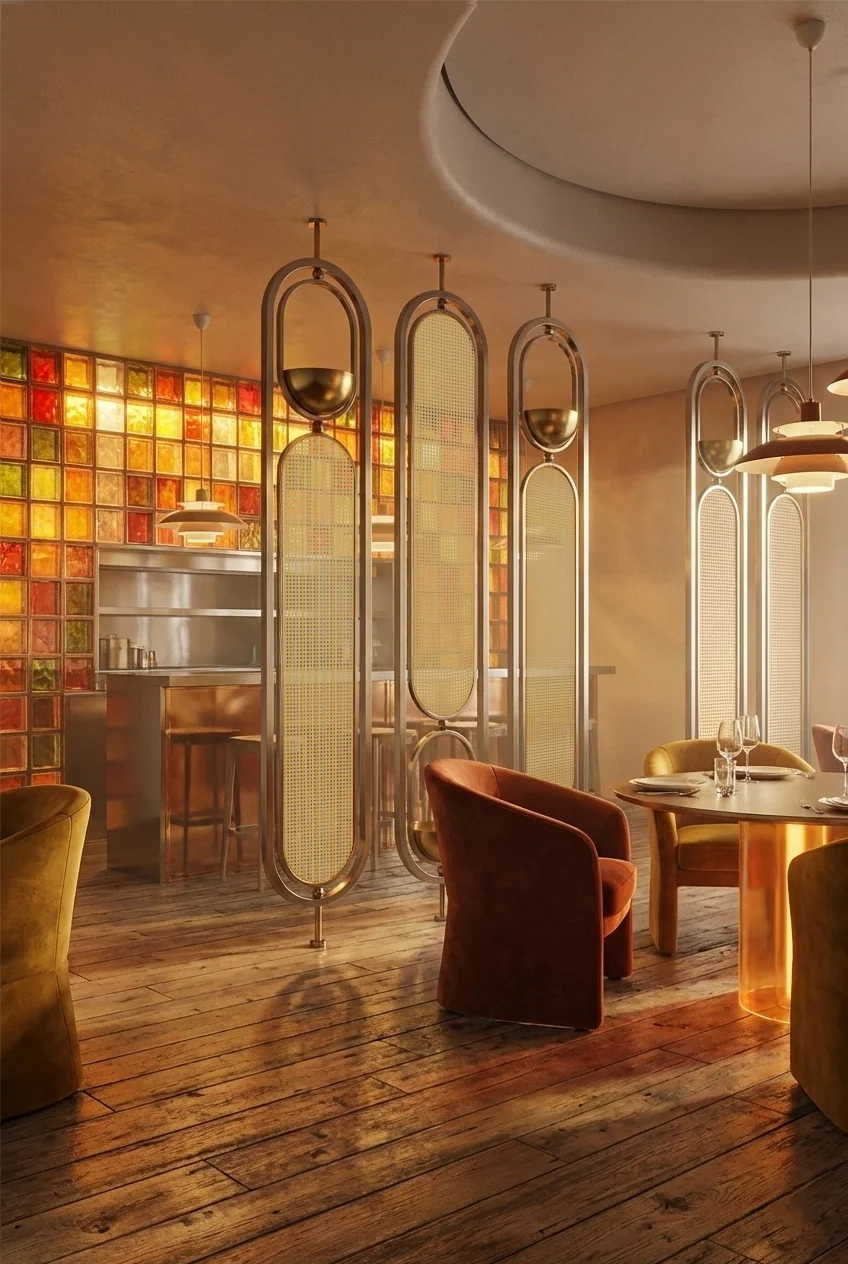 Harce Stainless Steel Frame Rattan Webbing Glass Panel | One Piece Partition
