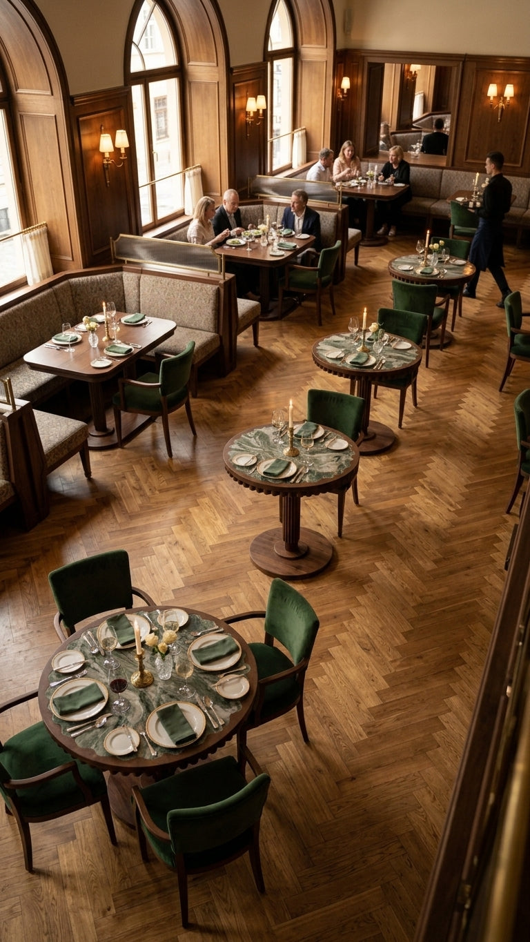Werde Emperador Marble & Fluted Walnut Round Pedestal Dining Table