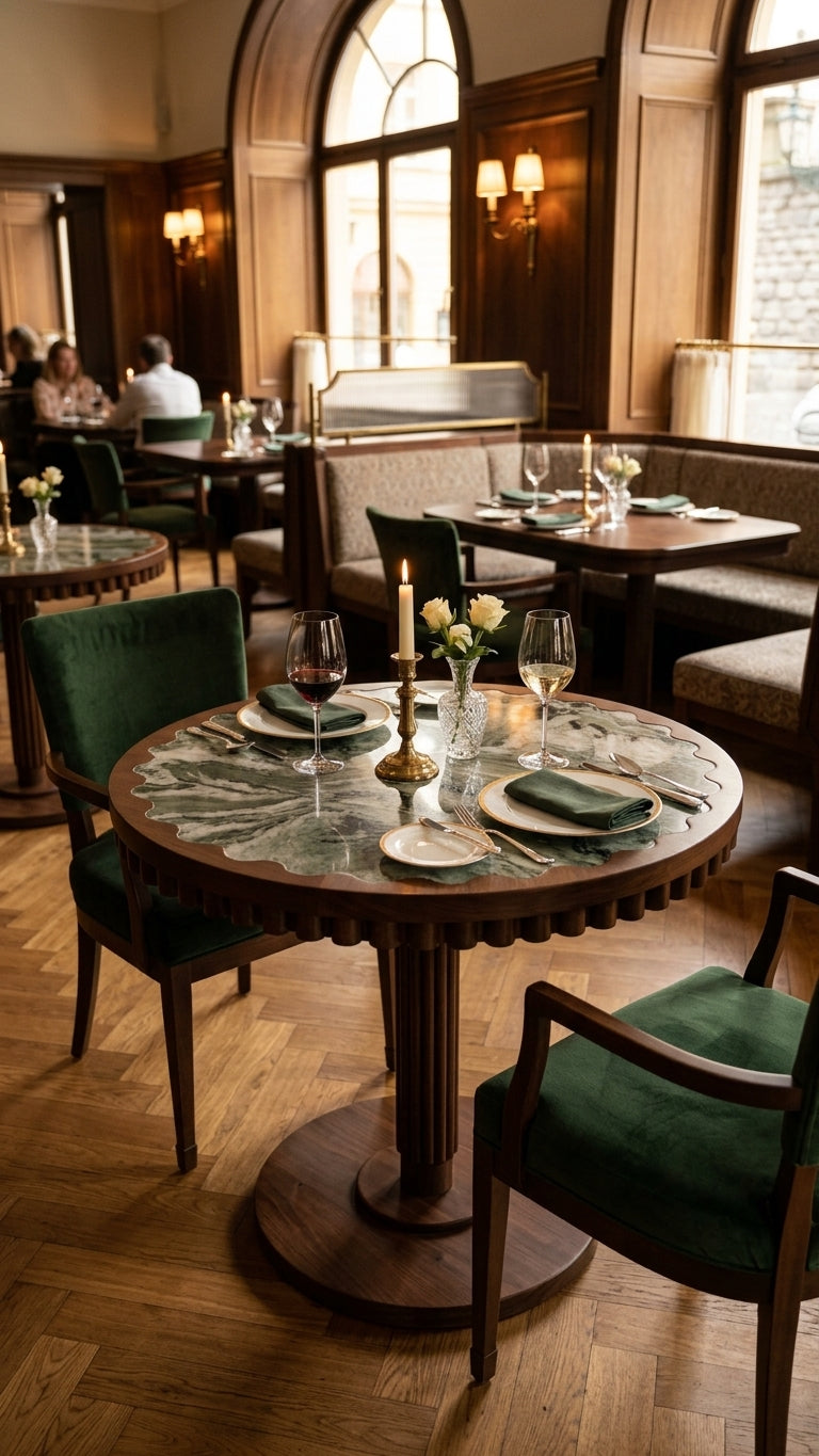 Werde Emperador Marble & Fluted Walnut Round Pedestal Dining Table