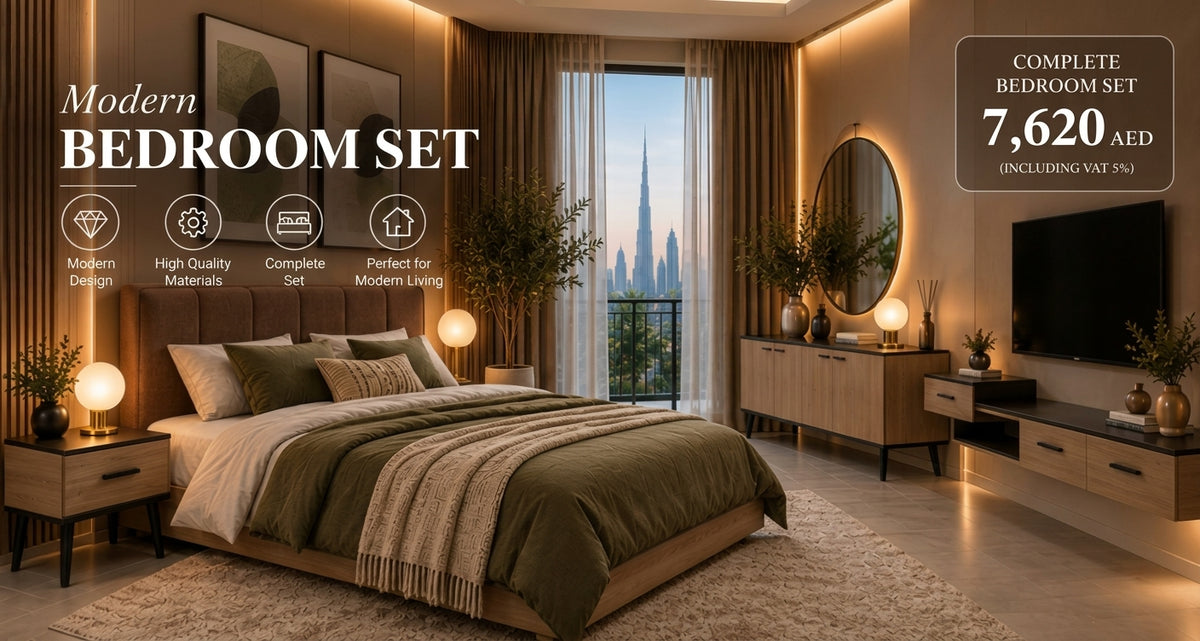 Modern Complete Bedroom Furniture Set – Oak Wood & Dark Top Finish