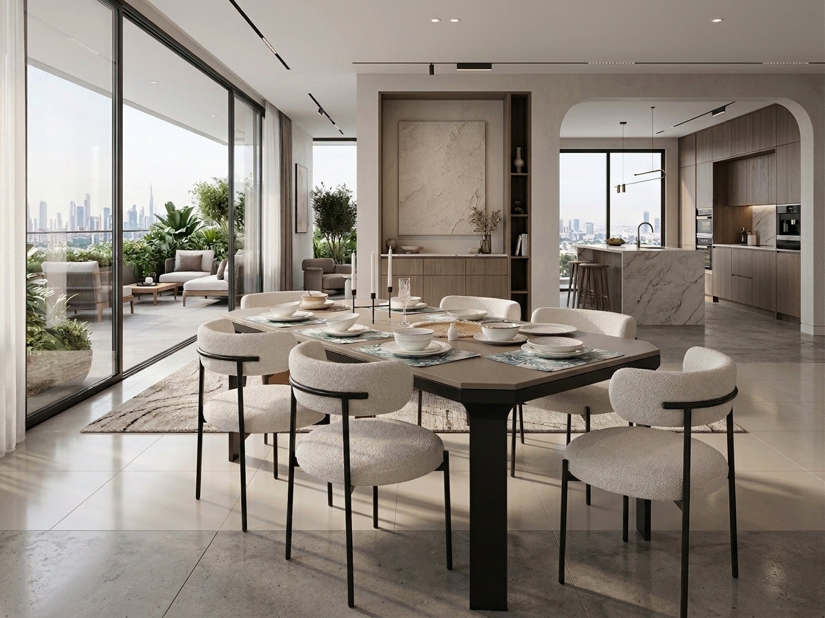 Modern 6-Seater Dining Set with White Bouclé Upholstered Chairs Showroom display