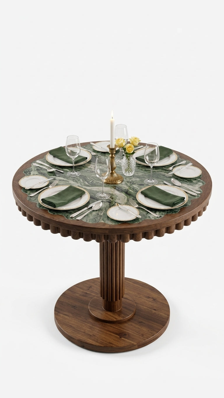 Werde Emperador Marble & Fluted Walnut Round Pedestal Dining Table