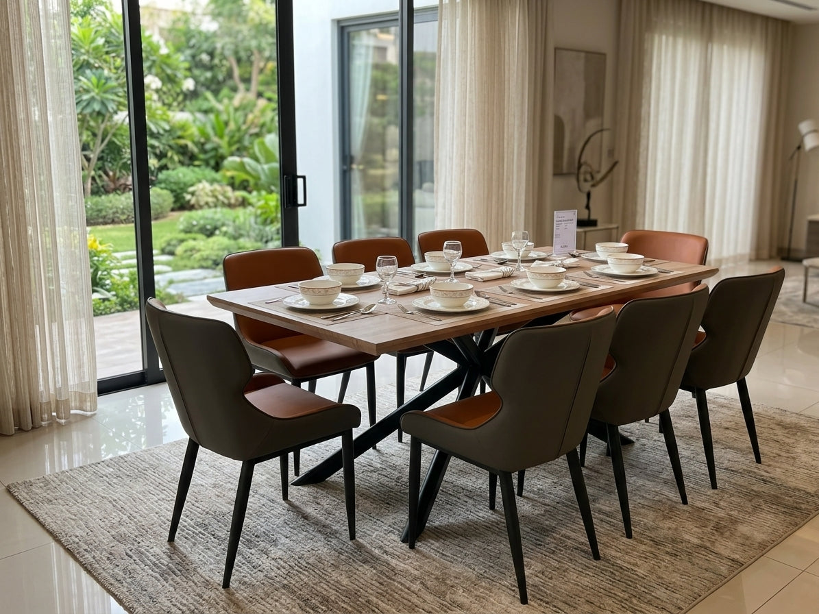 Modern Solid Wood 8-Seater Dining Set with Faux Leather Chairs
