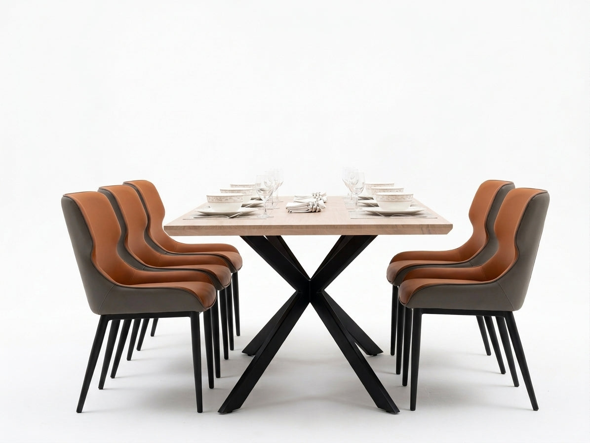 Modern Solid Wood 8-Seater Dining Set with Faux Leather Chairs