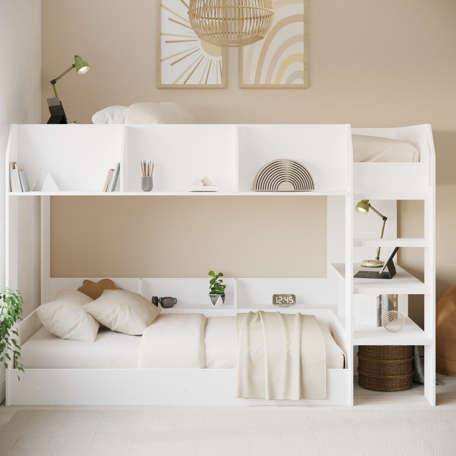 Harper White Wooden Bunk Bed with Storage