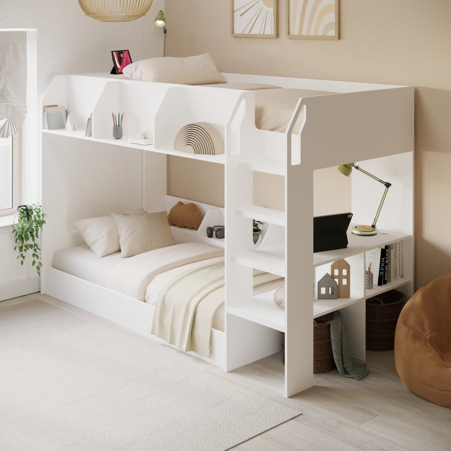 Harper White Wooden Bunk Bed with Storage