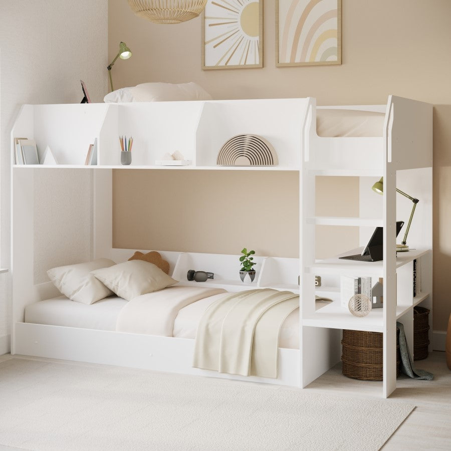 Harper White Wooden Bunk Bed with Storage