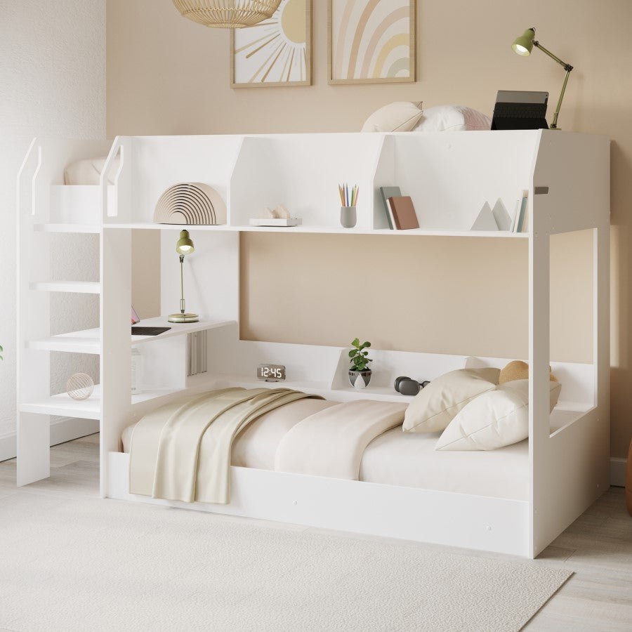 Harper White Wooden Bunk Bed with Storage
