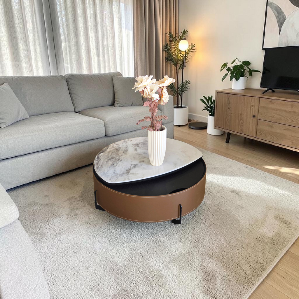 Dual-Top Marble & Leather Coffee Table