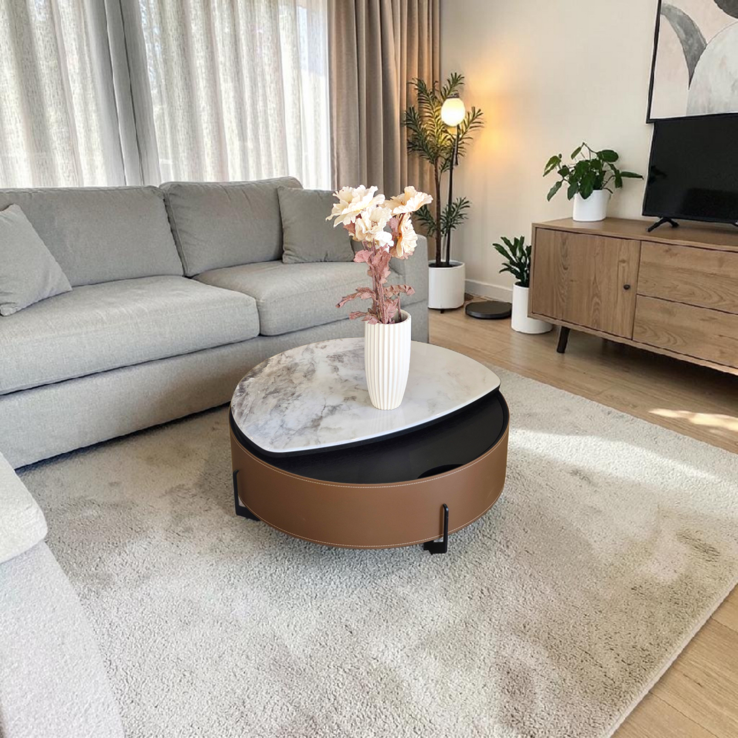 Dual-Top Marble & Leather Coffee Table