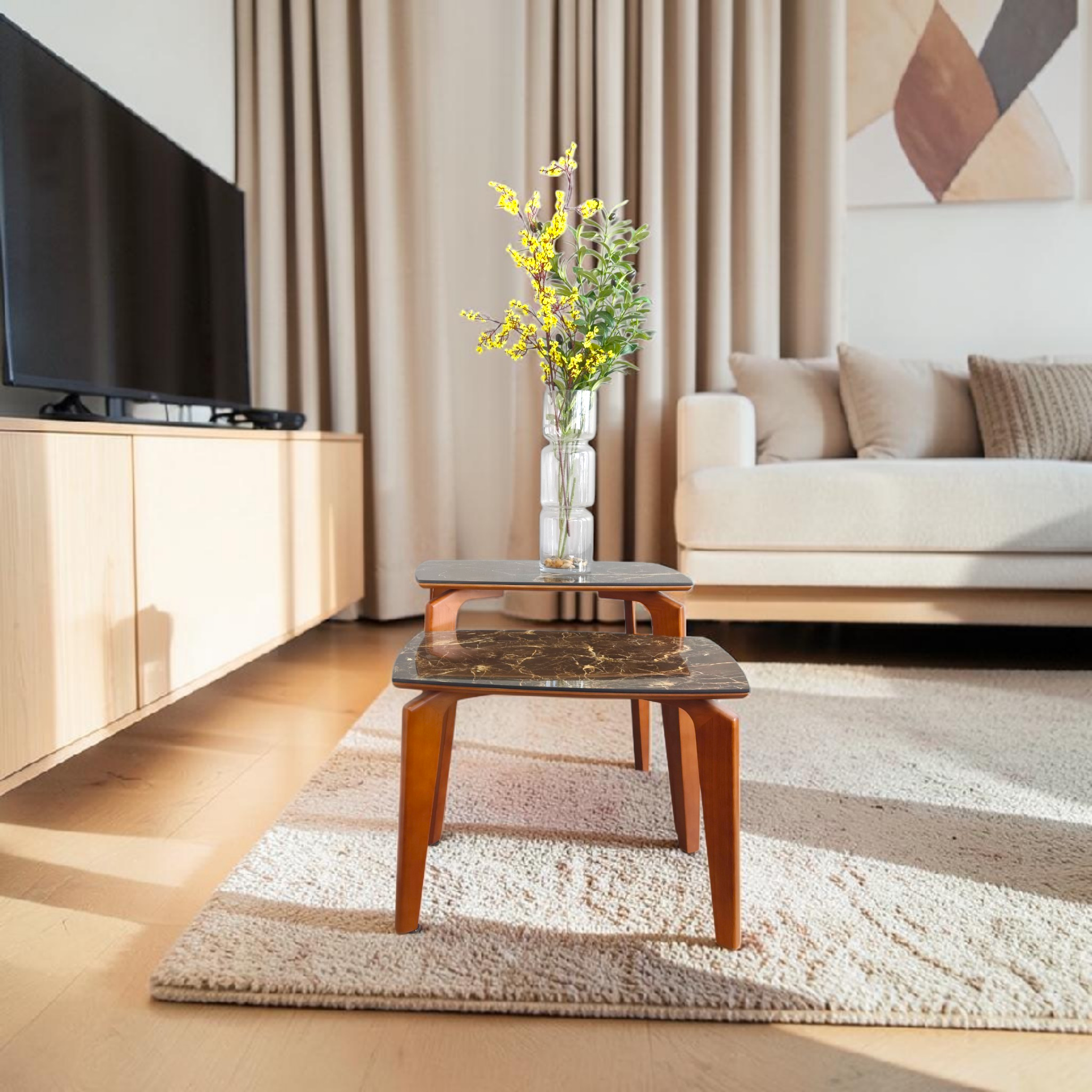 Brown Marble Nesting Tables with Wooden Legs