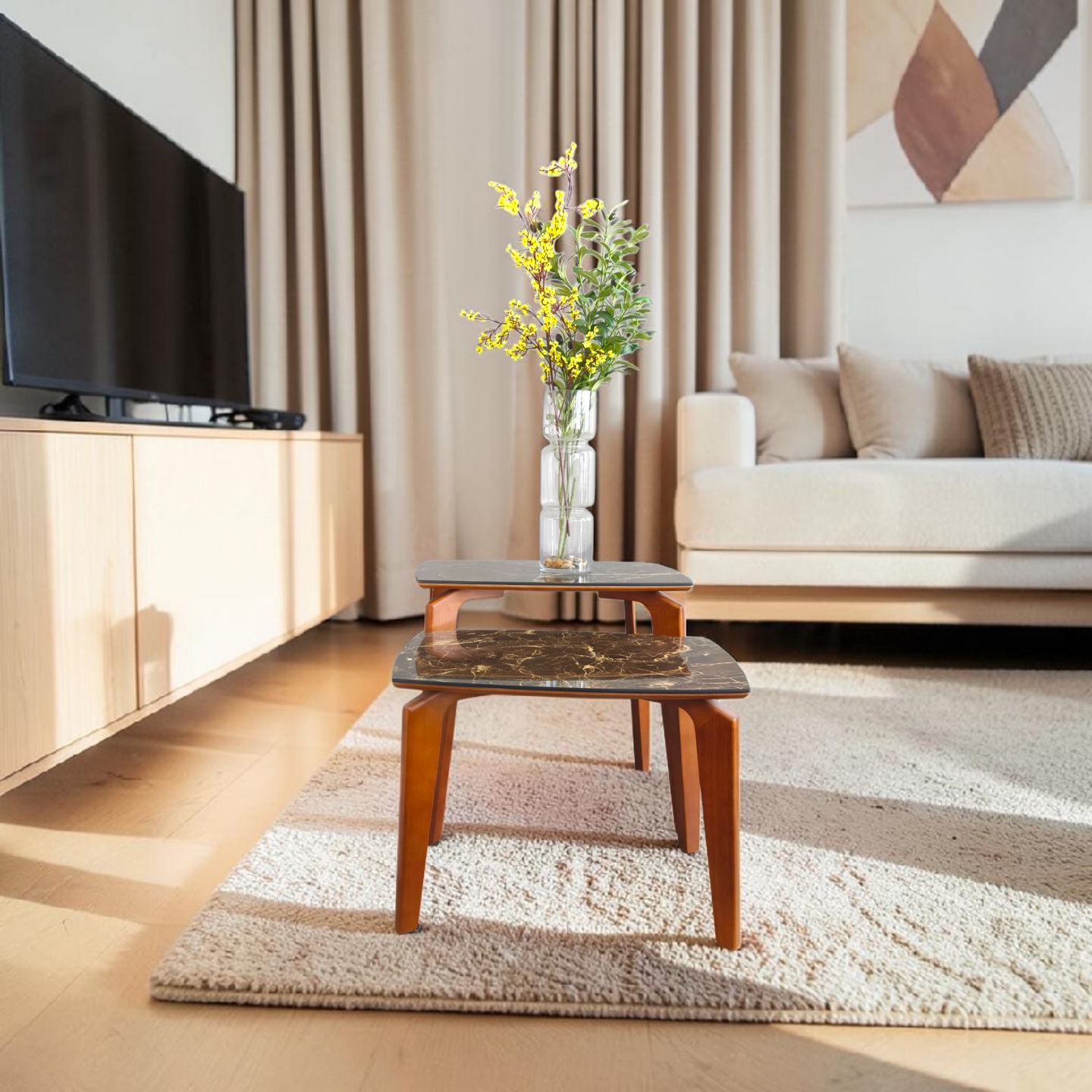 Brown Marble Nesting Tables with Wooden Legs