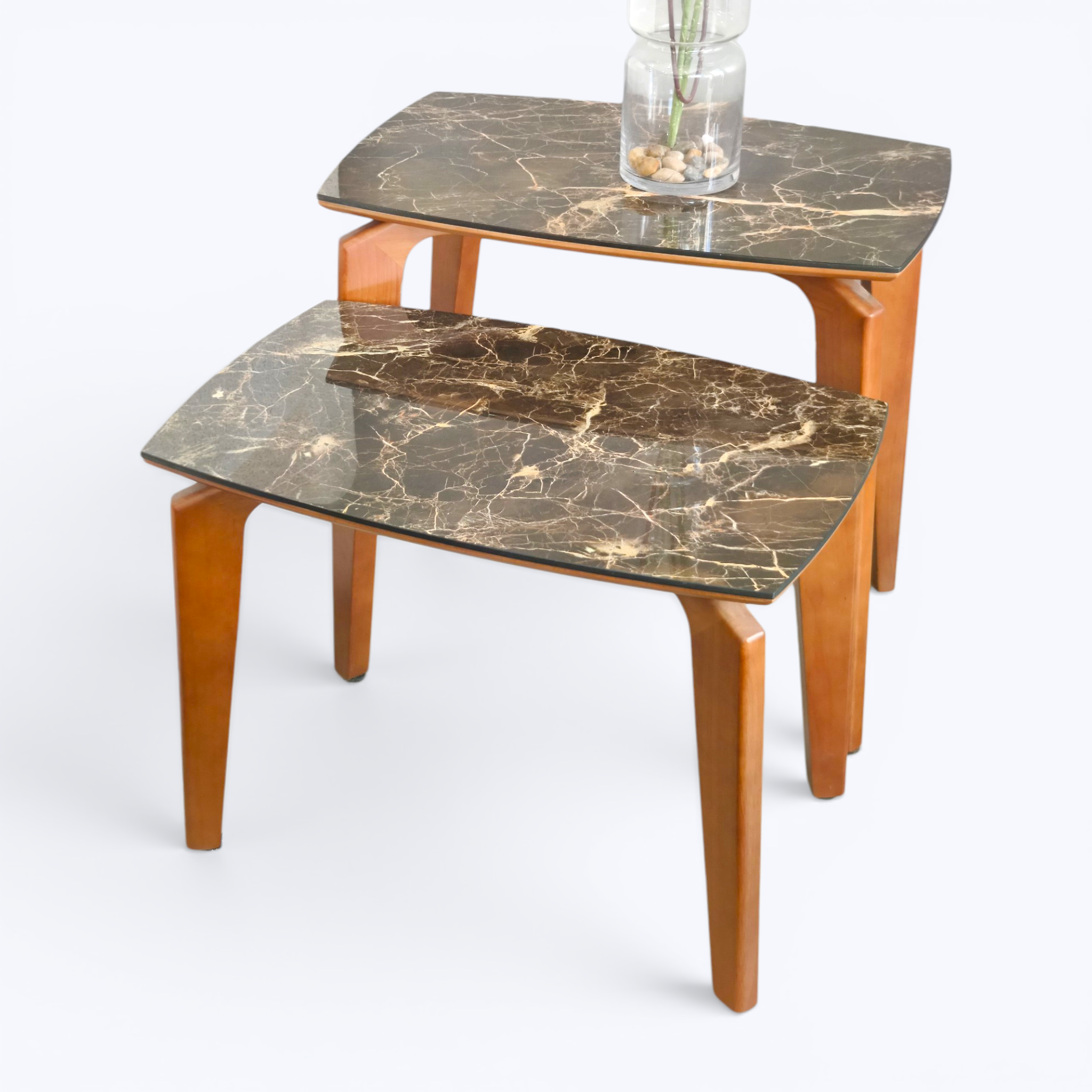 Brown Marble Nesting Tables with Wooden Legs