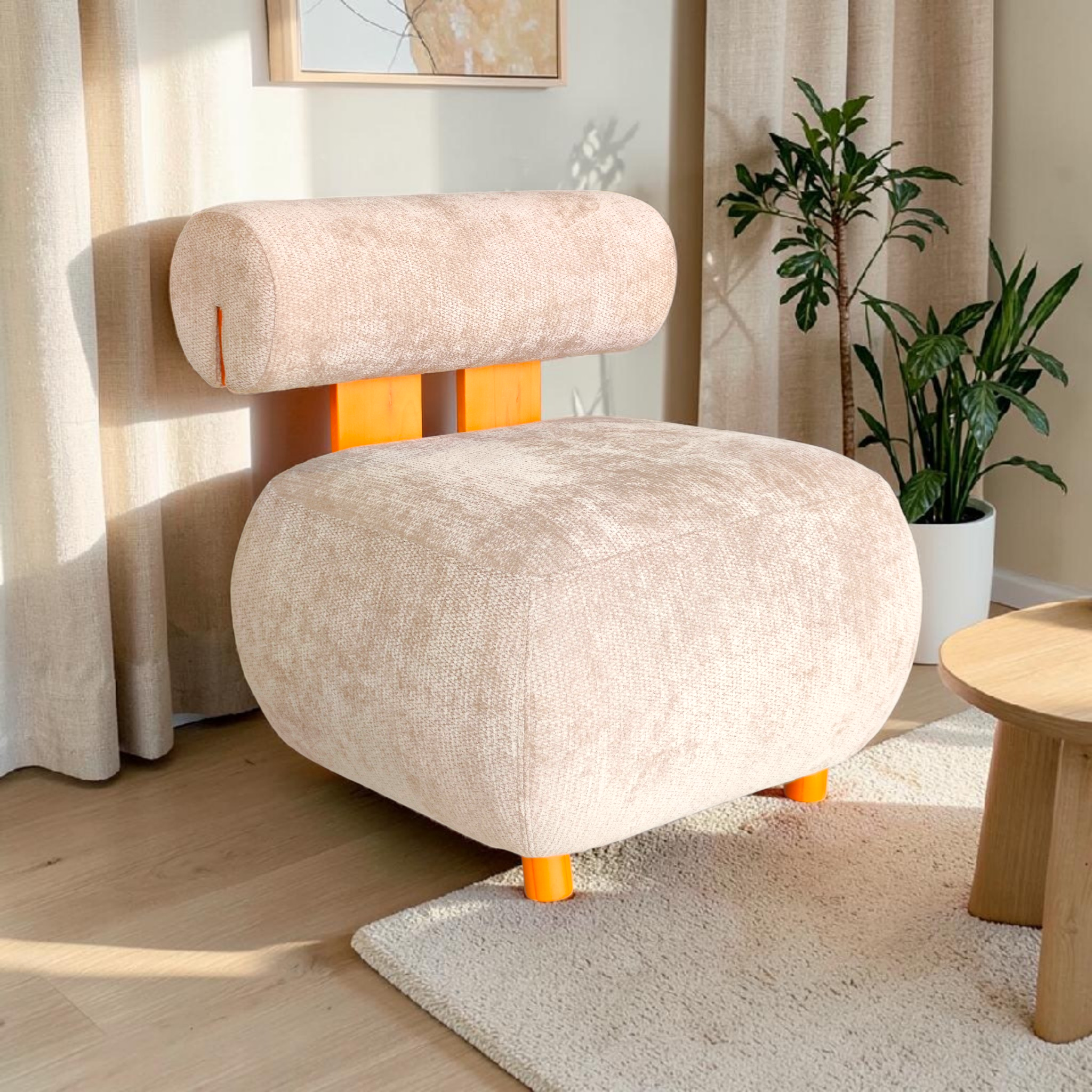 Contemporary Beige Lounge Chair with Orange Accents