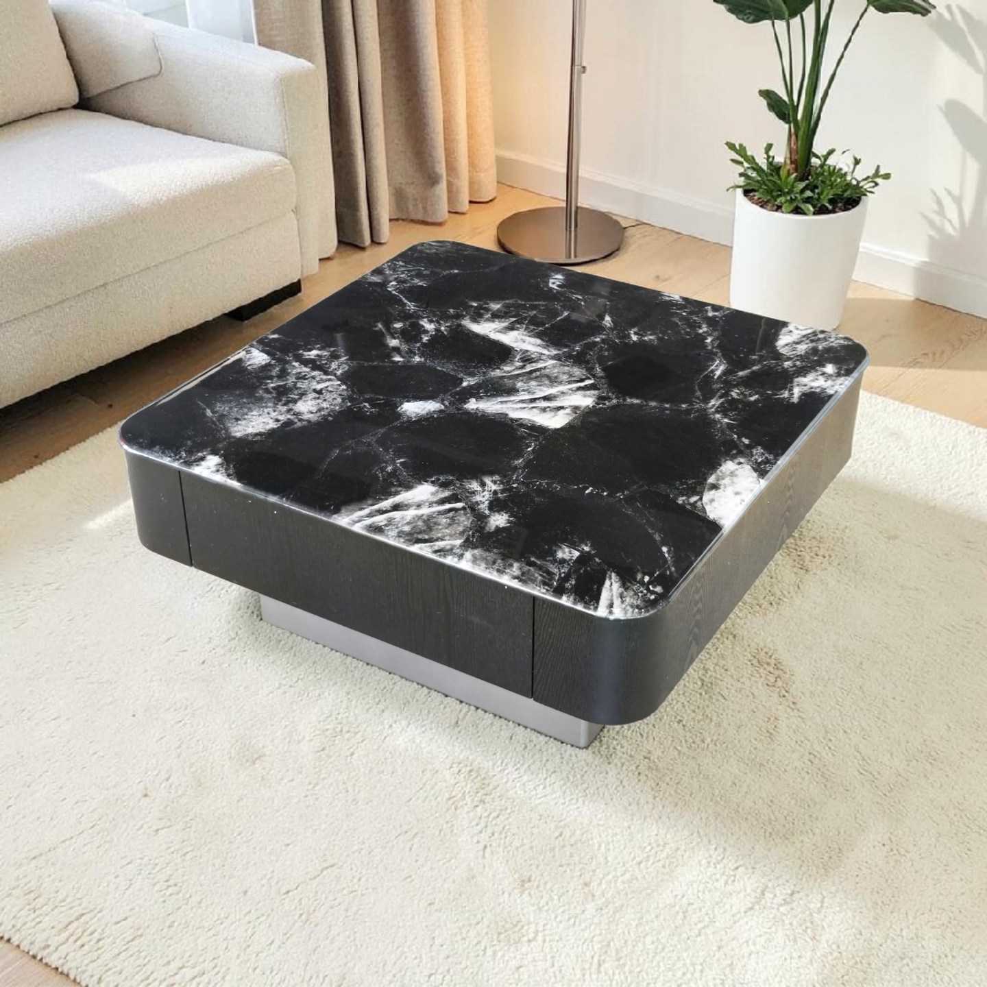 Black Marble Coffee Table with Dual Drawers