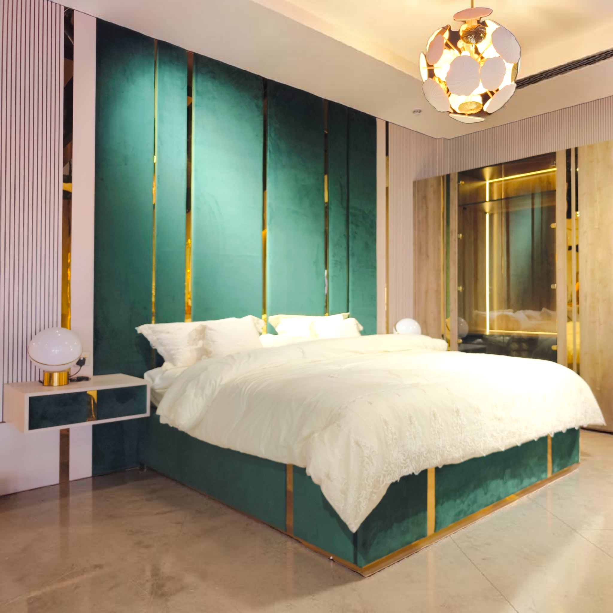 Teal Upholstered Headboard & Base with Vertical Gold Accents (No Mattress)