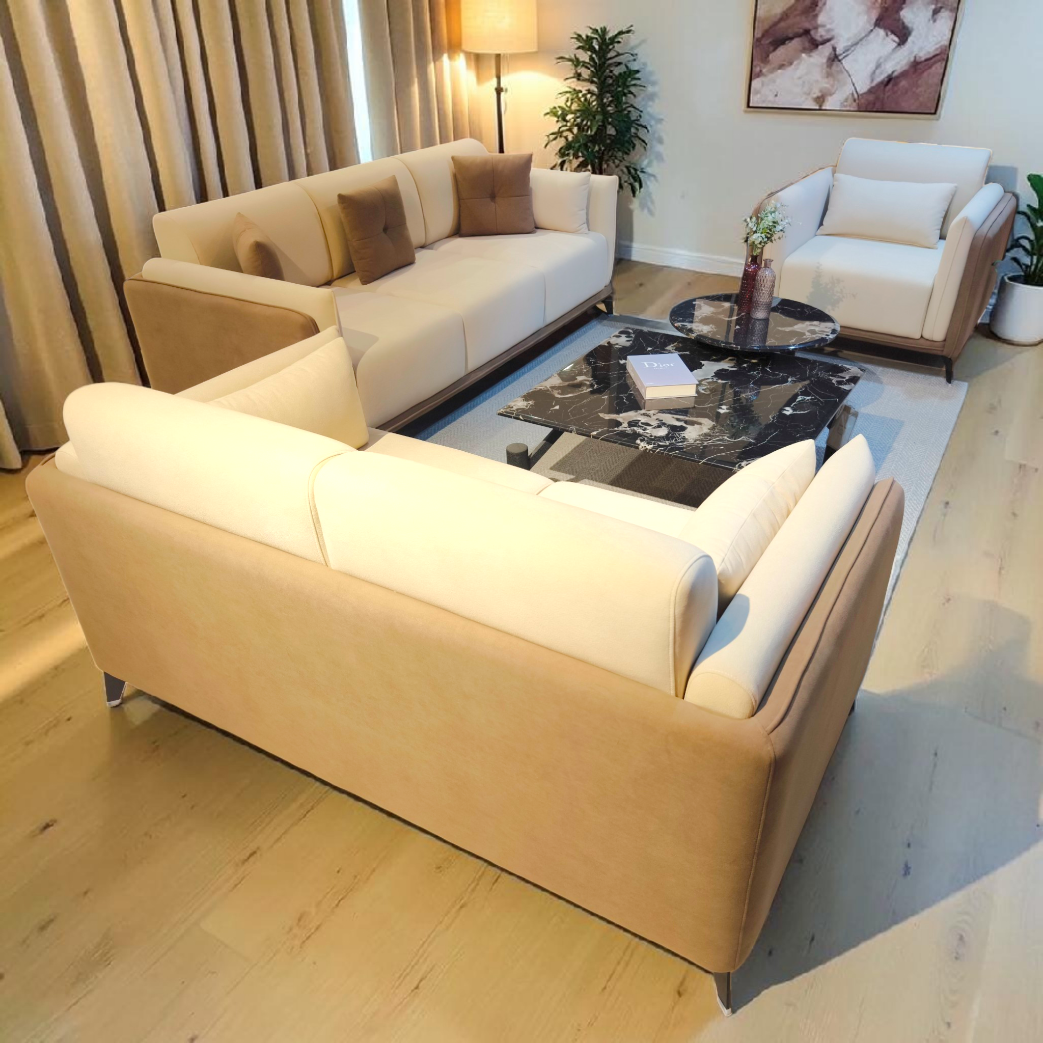 Modern Cream & Tan Sofa Set 2 seater